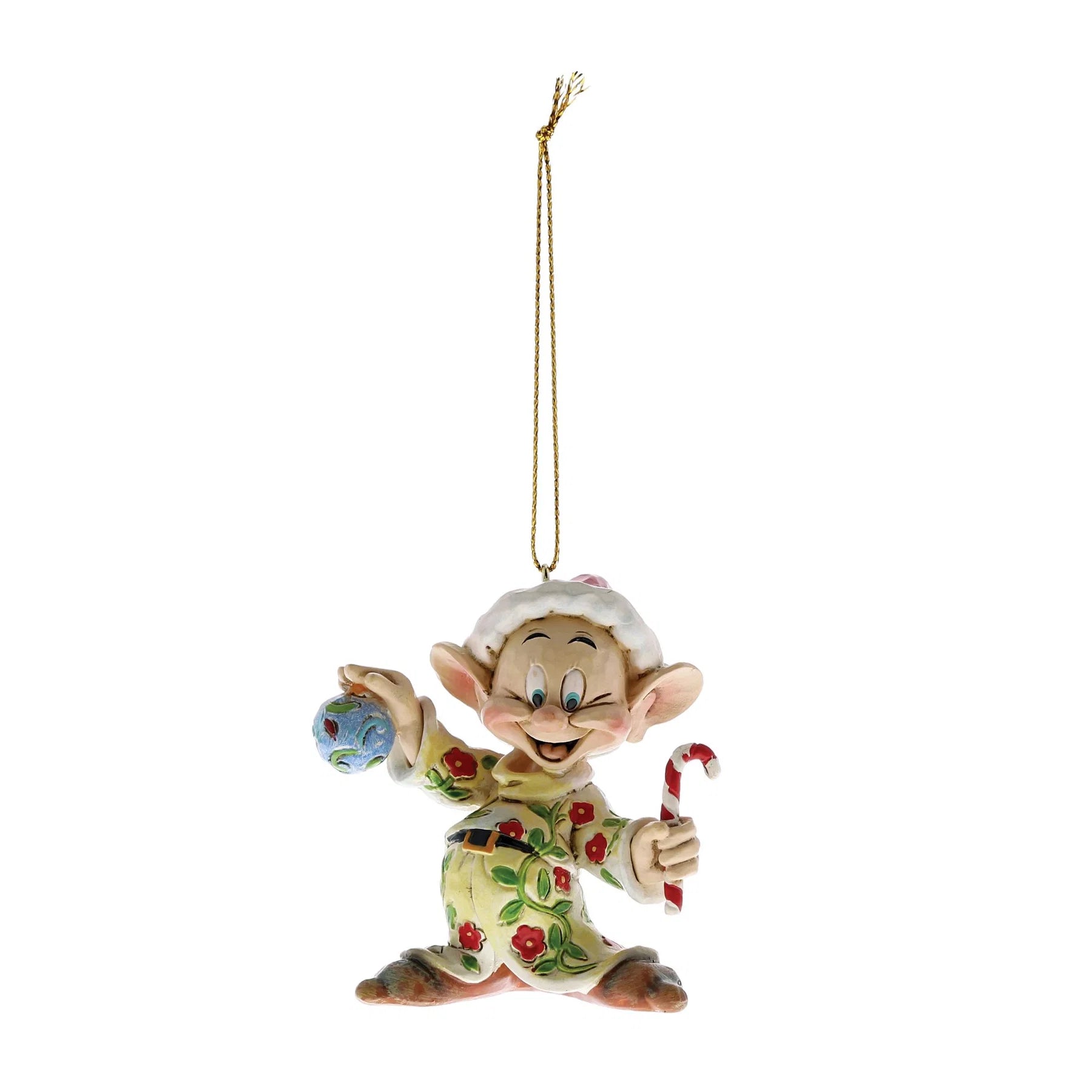 A Jim Shore Disney Christmas ornament featuring Dopey the Donkey dressed in a green and red patterned holiday outfit, holding a blue ornament and a candy cane, hanging from a gold string on a white background.