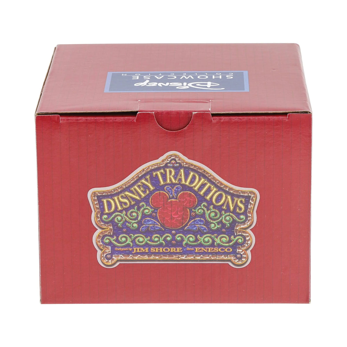 A red cardboard display box for Disney Traditions Jim Shore Enesco, featuring a decorative front label with the Disney Traditions logo and a Disney Showcase sticker on top.
