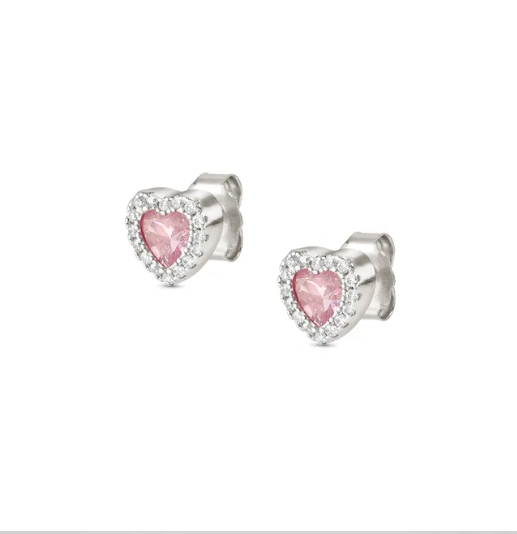 nomination Italy Pink cubic zirconia Heart-shaped earring studs. With pink centers and clear stones on a white background