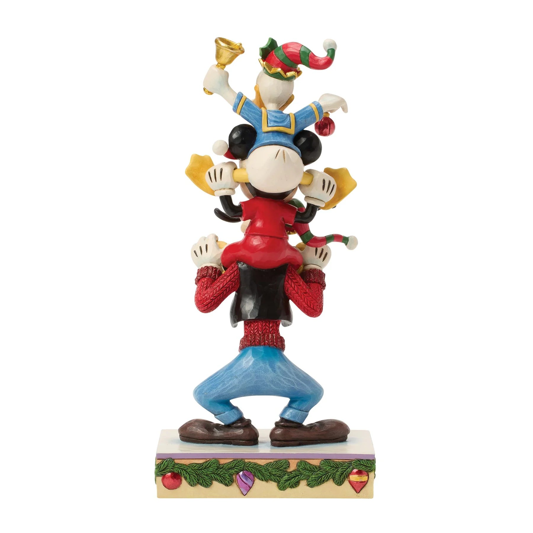 Animated character figurine featuring Donald Duck, Mickey Mouse & Goofy with festive colorful outfits on a white background