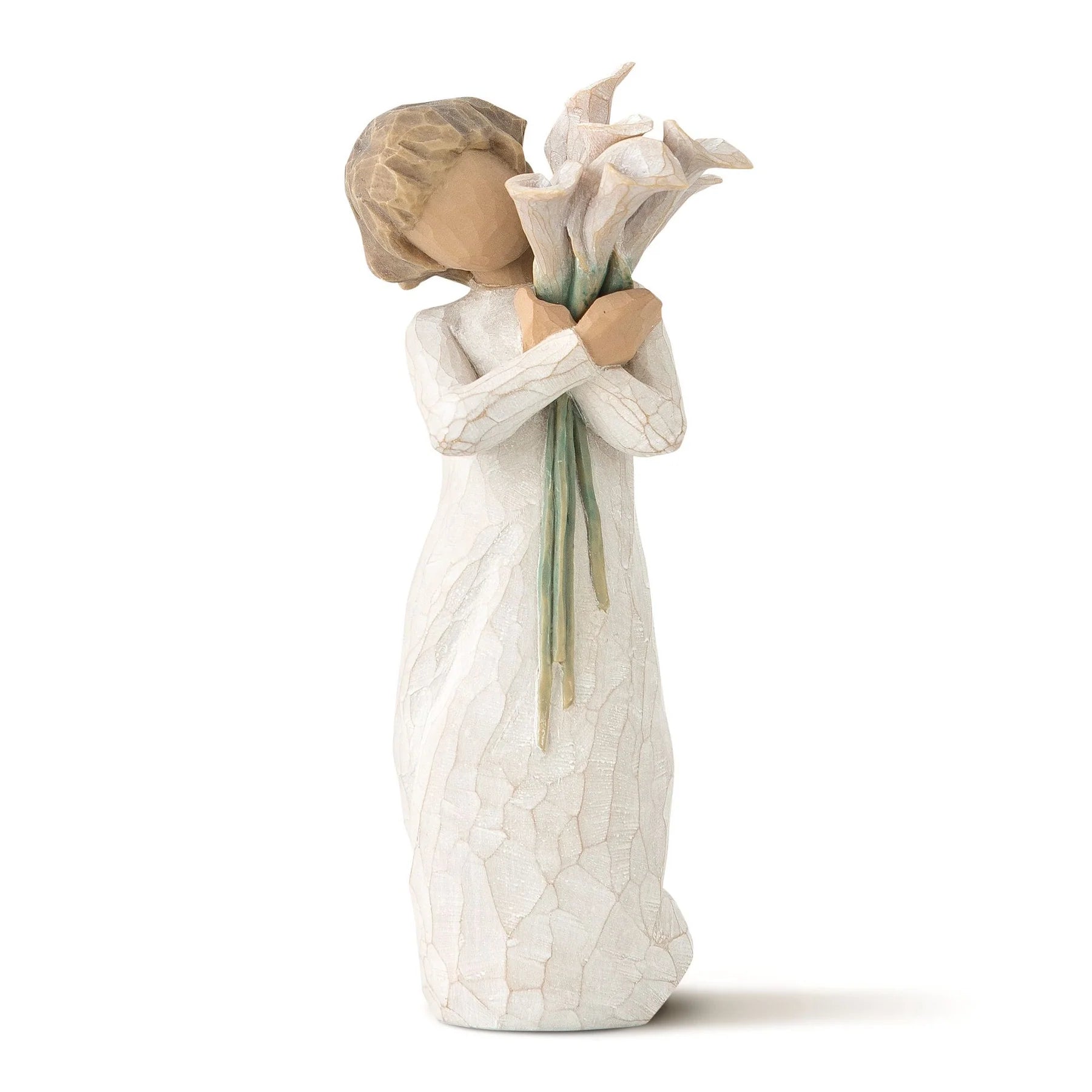 beautiful wishes willow tree figurine of a woman holding flowers on a white background
