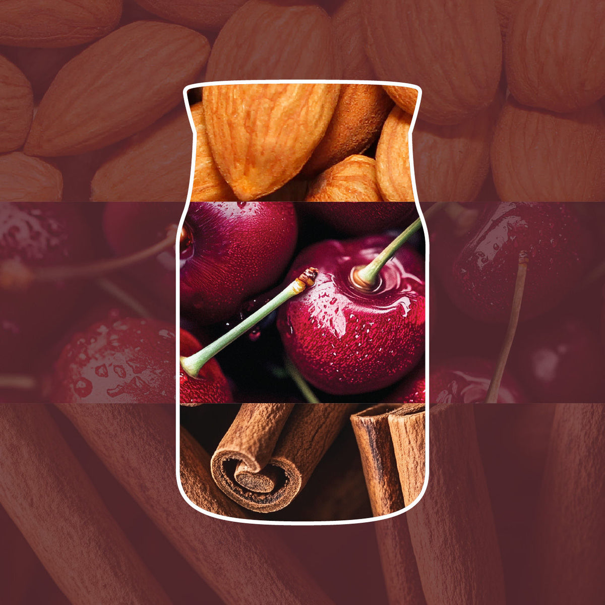 Image with almonds, cherries, and cinnamon sticks on a red background