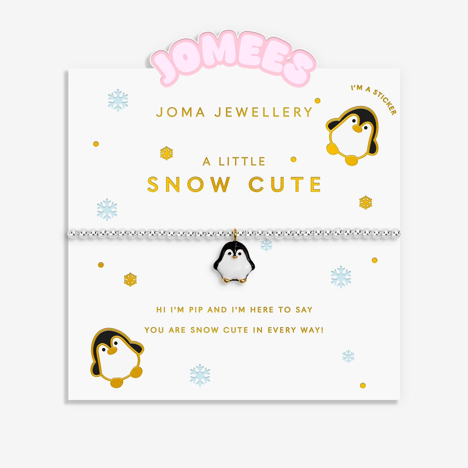 A silver-plated  bracelet by Joma Jewellery, displayed on its white backing card. The card features gold lettering, penguin illustrations, and snowflake designs, with the pink 'JOMEE'S' logo at the top.