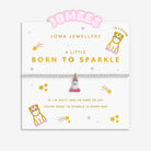 Joma Jewellery children's bracelet featuring a small pink and white unicorn charm. The white card has gold and pink text and illustrations, including the brand name 'JOMEE'S' at the top.