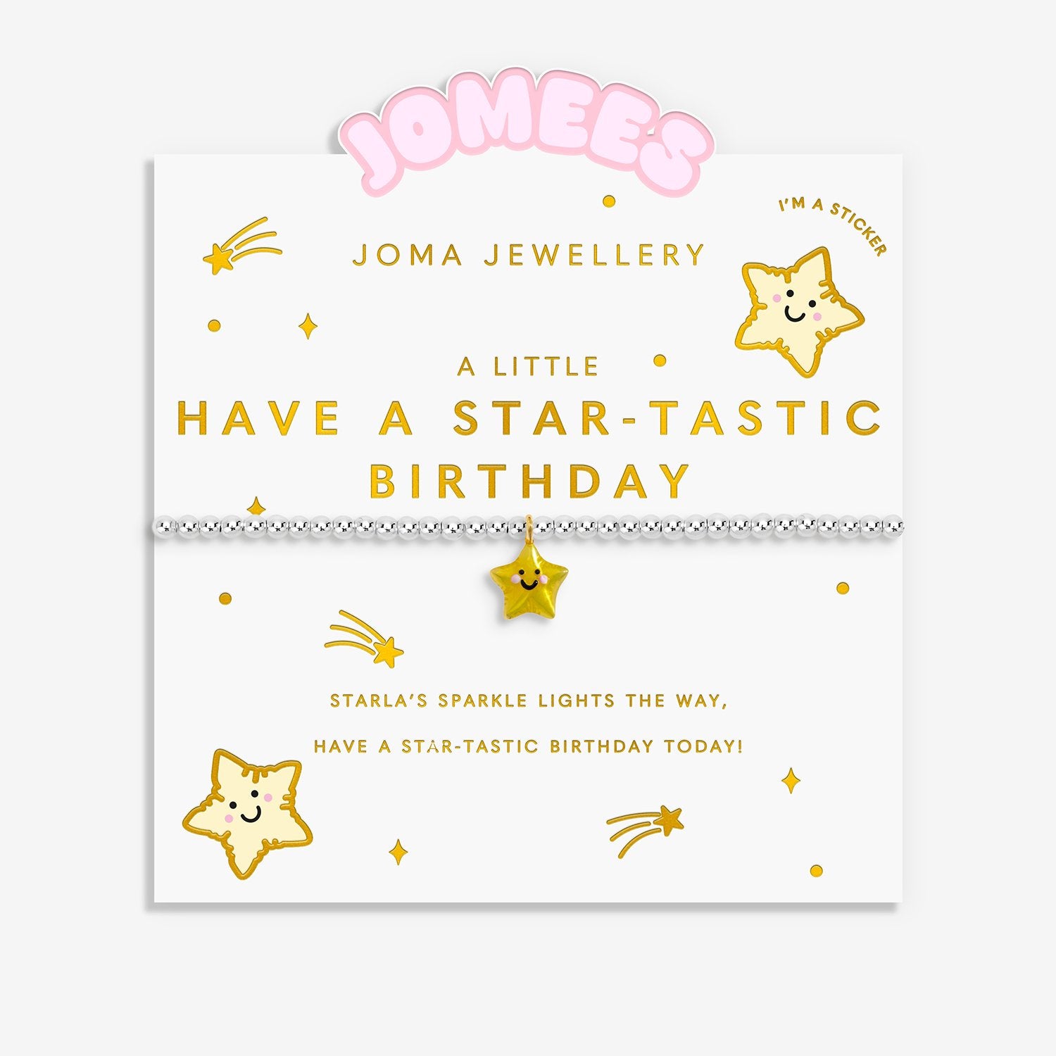 A Joma Jewellery 'A Little Have A Star-Tastic Birthday' featuring a delicate gold star bracelet with a smiling face, displayed on a white card with gold lettering and illustrations.