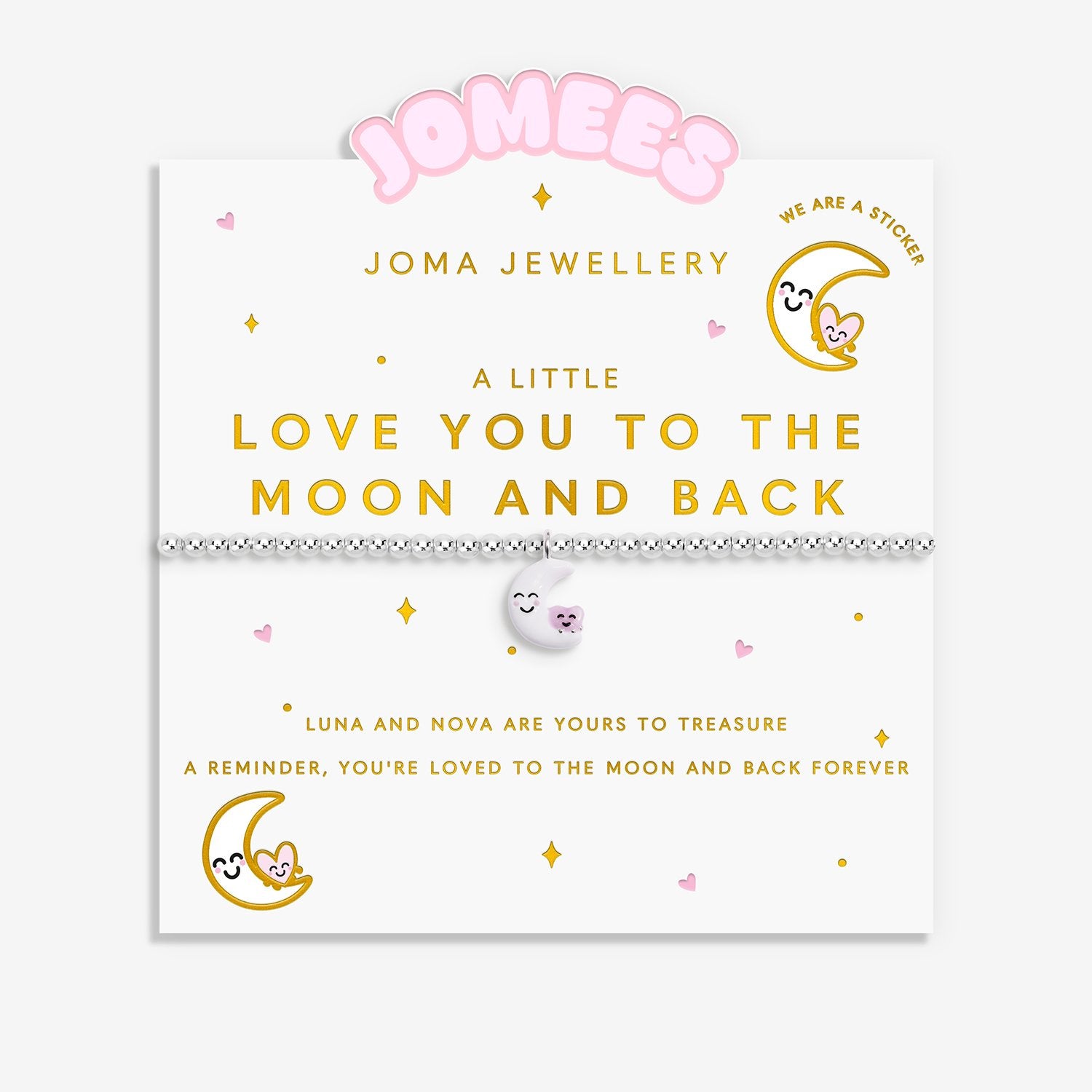 A Jomee's, Joma Jewellery 'A Little Love You to the Moon and Back' silver bracelet with a moon charm, displayed on its white gift card featuring gold lettering and cute moon illustrations.