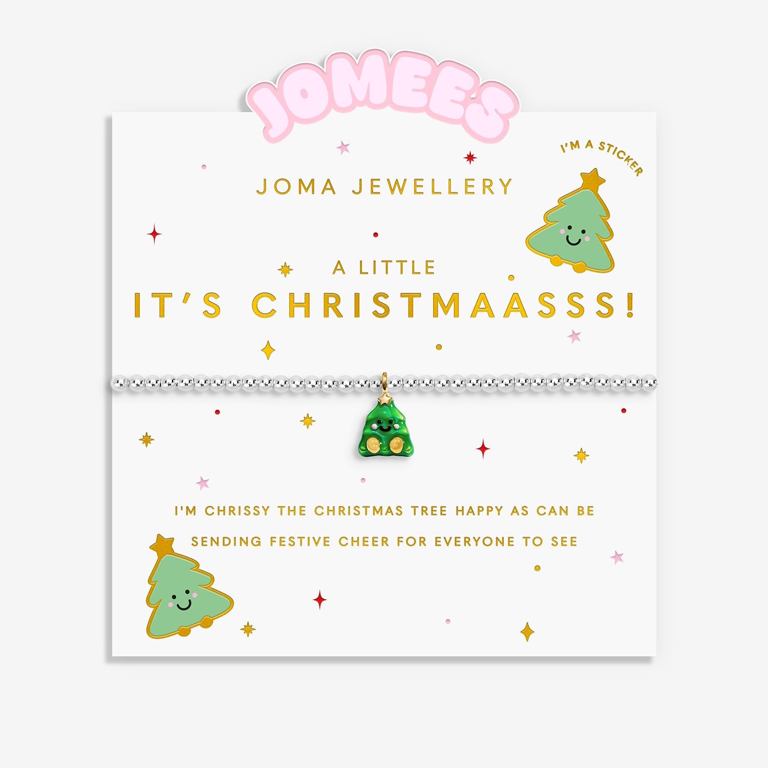 Joma Jewellery Jomee's Christmas tree charm on a white card with festive text