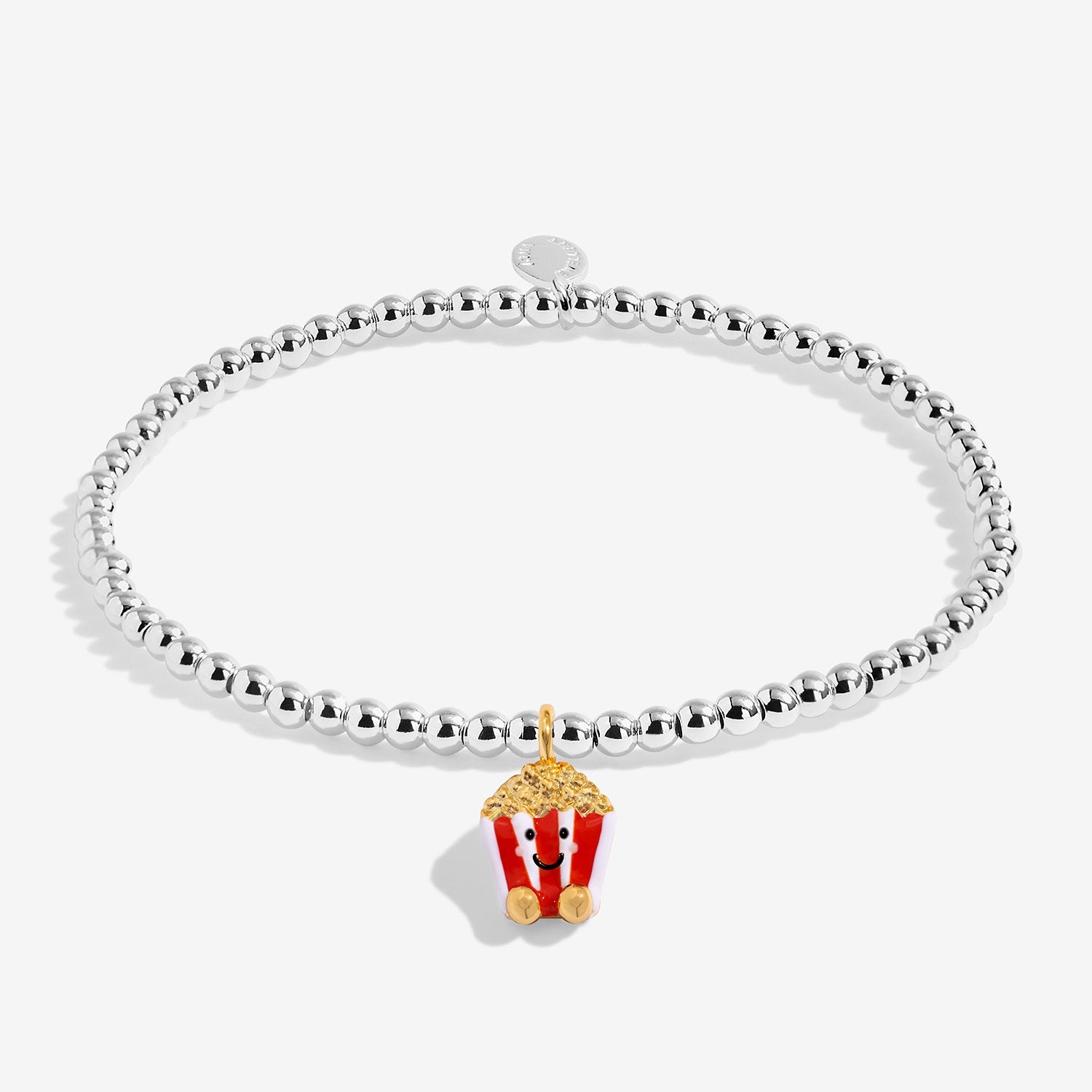 A silver-plated beaded bracelet with a small red and gold popcorn character charm, displayed on a clean white background.