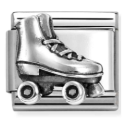 Silver roller skate charm on a white background
