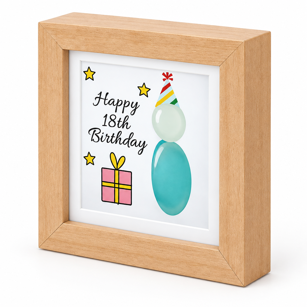 Happy 18th Birthday wooden pebble plaque, right angled view