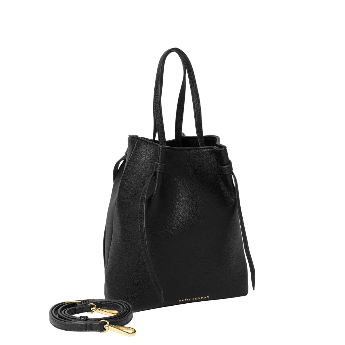 Black faux eather bucket bag with a strap on a white background