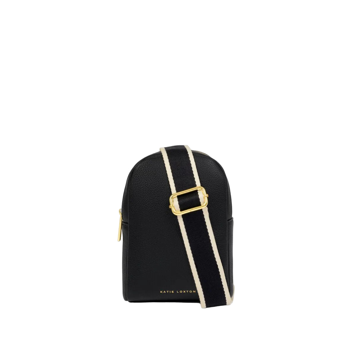 Black sling bag with a gold buckle on a white background