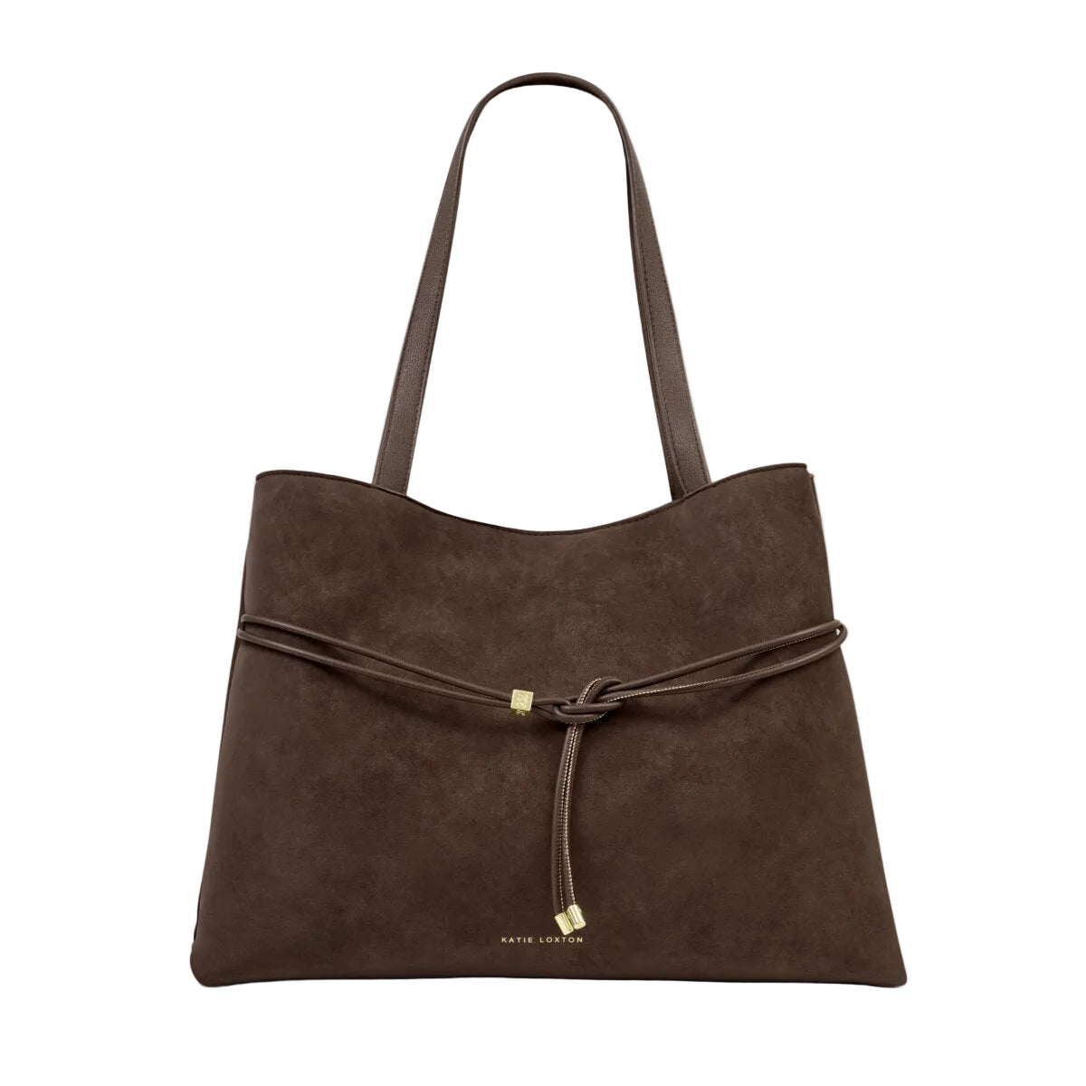 Brown suede handbag with a drawstring on a white background
