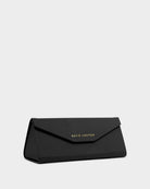 Black sunglasses case with 'Katie Loxton' branding on a light gray background
