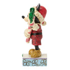 Mickey Mouse figurine holding a peppermint cane wearing Santa attire on a white background
