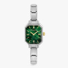 A women's Nomination watch featuring a silver-toned stainless steel link bracelet and a square green malachite dial with gold-tone hands and Roman numerals.