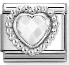 Nomination Italy - Classic Sterling Silver & Cubic Zirconia - White Faceted Opal Heart With Dot Setting Charm