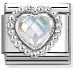 Nomination Italy - Classic Sterling Silver & Cubic Zirconia - Faceted White Heart With Dot Setting Charm