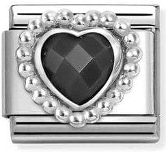 Nomination Italy - Classic Sterling Silver & Cubic Zirconia - Faceted Black Heart With Dot Setting Charm