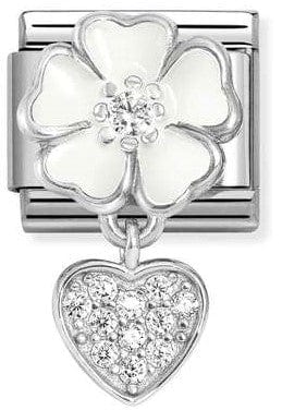 Nomination Italy Composable Silver charm with a White Enamel Flower and Pendant featuring a Pave Heart with Cubic Zirconia.