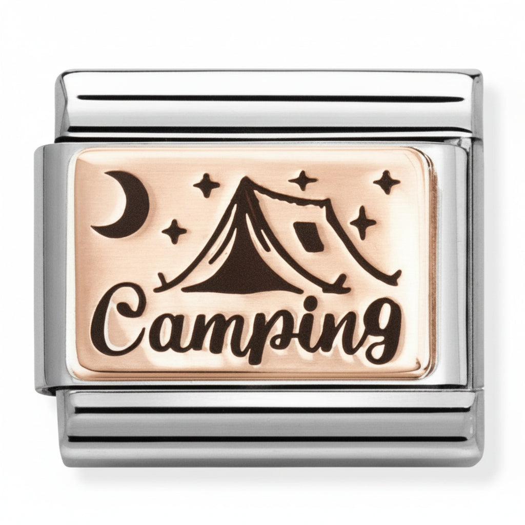 Nomination Italy Rose Gold Camping Charm with an image of a tent and the wording camping in black enamel.