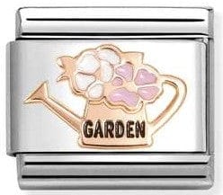 Nomination Italy Rose Gold Watering Can Charm with the word Garden engraved in black enamel.