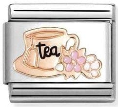 Nomination Italy Rose Gold Tea Cup Charm with the word Tea engraved in black enamel.