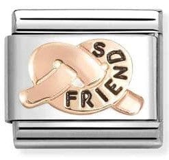 Nomination Italy Composable Charm Showing a Rose Gold Knot Engraved with the word Friends in Black Enamel.