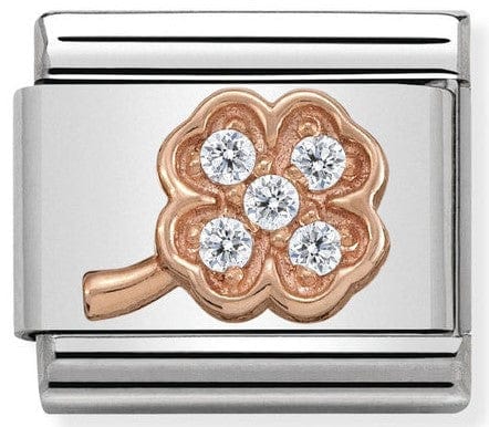 Nomination Italy Composable Link with S/steel , rose gold ,Showing a  White Clover with Cubic Zirconias 