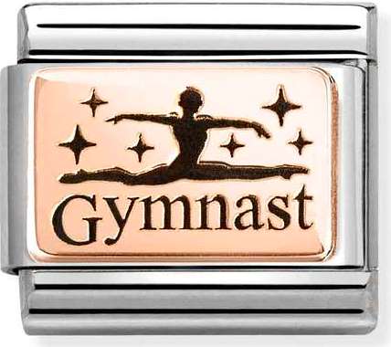 Nomination Italy Rose Gold Charm with an image of a Gymnast and the wording Gymnast in black enamel.
