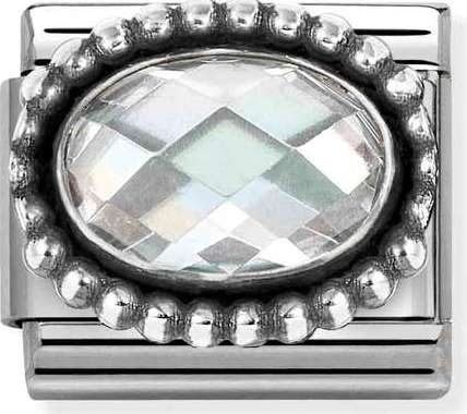 Nomination Italy - Classic Sterling Silver & Cubic Zirconia - White Faceted Oval Stone With Dot Setting Charm