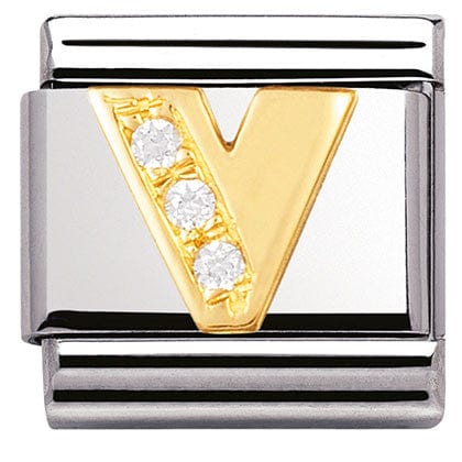 Nomination Italy Link 030301/22 Classic LETTER V ,S/Steel,Bonded Yellow Gold,CZ