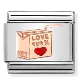 Nomination Italy Rose Gold Juice Box Charm with the sentiment 100% Love and a Heart in Red enamel.