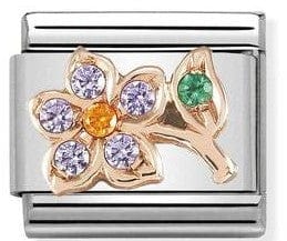 Nomination Italy Composable Link with S/steel , rose gold ,Showing a CZ Flower (Lilac) with stem 