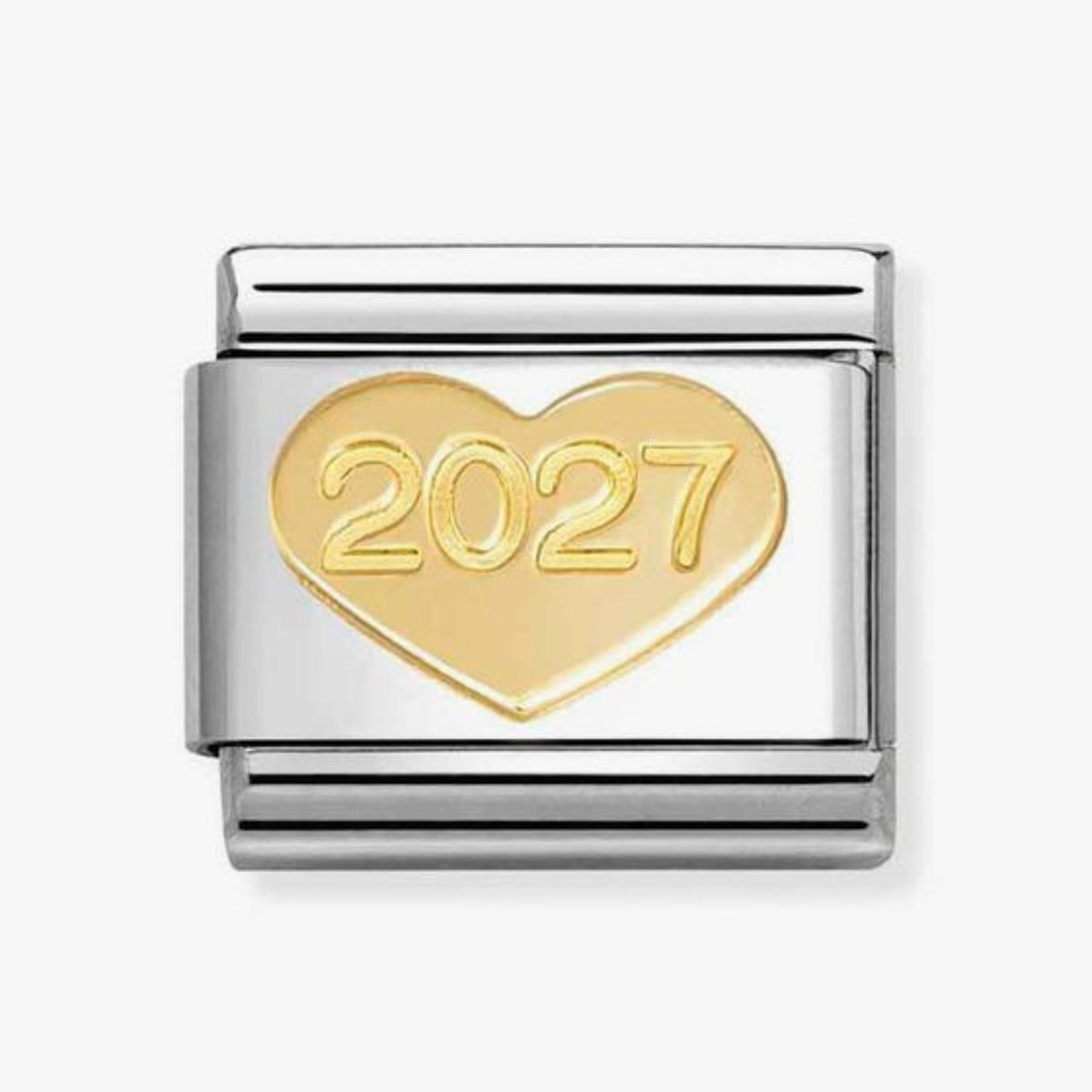 A rectangular silver-toned metal charm link featuring a polished gold heart in the center with the year '2027' engraved in gold.