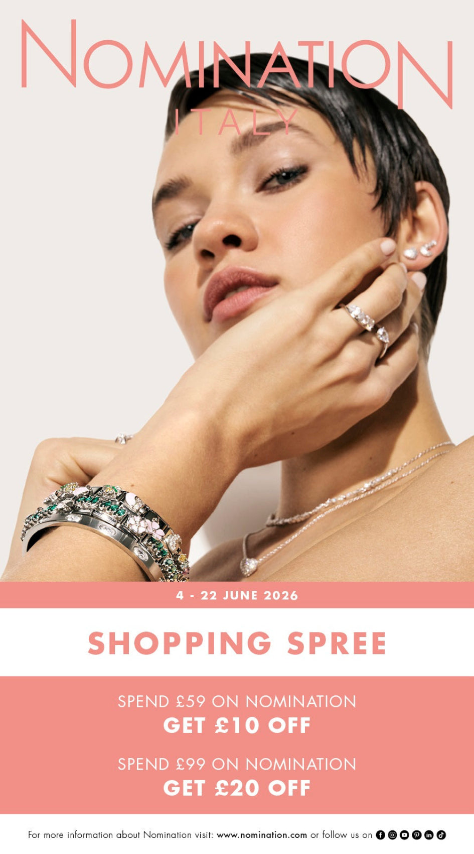 shopping spree Advertisement for Nomination italy charm's and jewelry. Spend £59.00 on nomination get £10.00 off