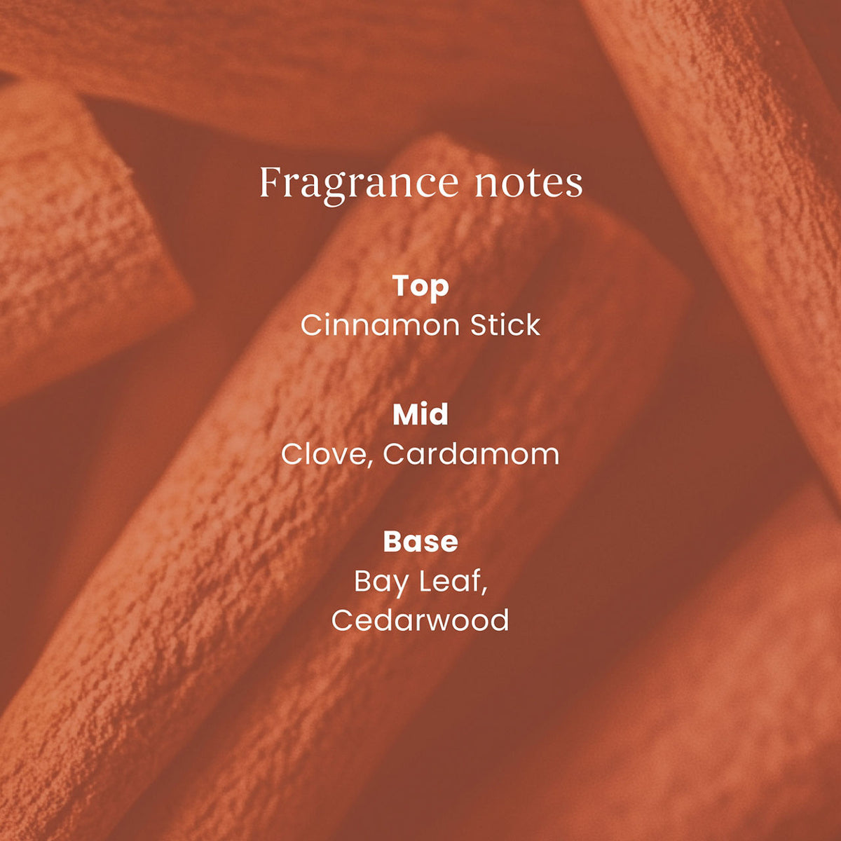 A close-up graphic with a warm reddish-brown background showing cinnamon sticks and white text reading 'Fragrance notes' with listed notes: Top Cinnamon Stick, Mid Clove, Cardamom, Base Bay Leaf, Cedarwood.