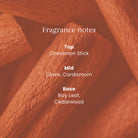 A close-up graphic with a warm reddish-brown background showing cinnamon sticks and white text reading 'Fragrance notes' with listed notes: Top Cinnamon Stick, Mid Clove, Cardamom, Base Bay Leaf, Cedarwood.