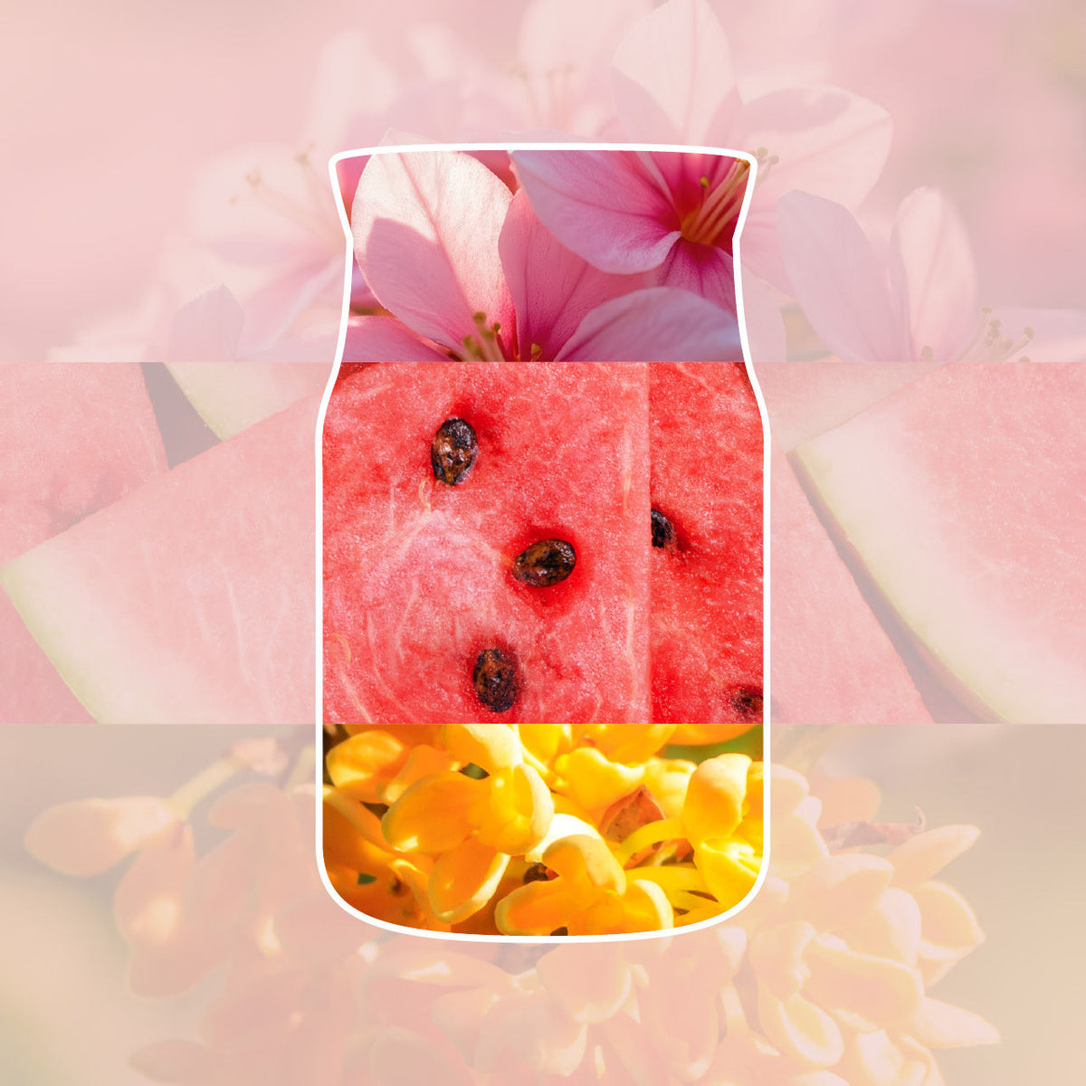 Close-up images of the scents found in yankee candles pink sands fragrance Image showing watermelon with yellow flowers on a pink floral background