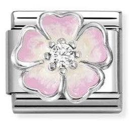 Nomination Italy composable Enamel pink flower with cubic zirconia in centre on a silver link