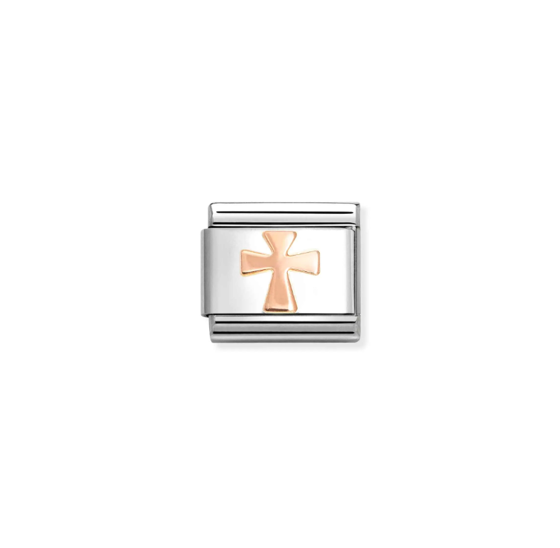 Rose Gold Nomination Italy charm with Plain cross symbol on stainless steel link.