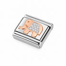 Nomination Italy composable charm in 9k rose gold & stainless steel. Showing an elephant charm with enamelled silver glitter detailing