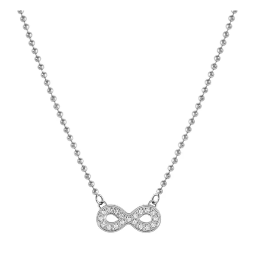 Silver infinity necklace with clear stones on a white background. From Nomination Italy Soffio A'more collection 