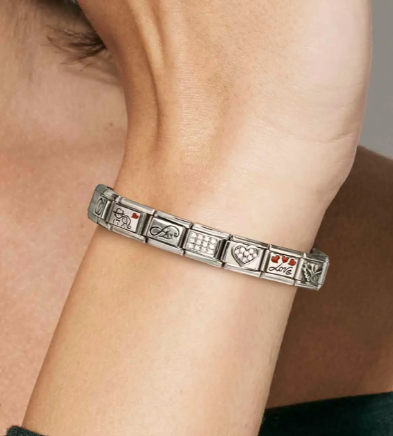 Close up image of a person wearing a nomination italy classic composable bracelet