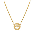 Gold coloured necklace with a tree of life pendant on a white background