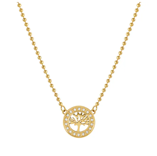 Gold coloured necklace with a tree of life pendant on a white background
