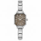 A women's rectangular shaped analog watch with composable nomination Italy charm link bracelet. features a textured taupe-brown face and silver dials