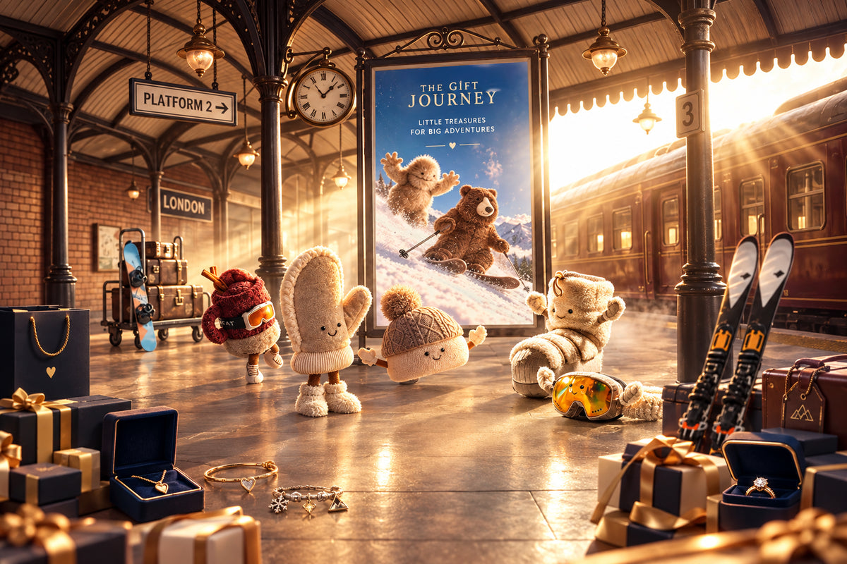 A stylized illustrated scene on a train platform with several cute teddy bears wearing winter clothing, skis, luggage, and a large poster reading 'TO THE MOUNTAINS.' This is not a clean product shot, not a measurement chart, swatch, or instruction diagram, and there is no obvious single retail product being sold.