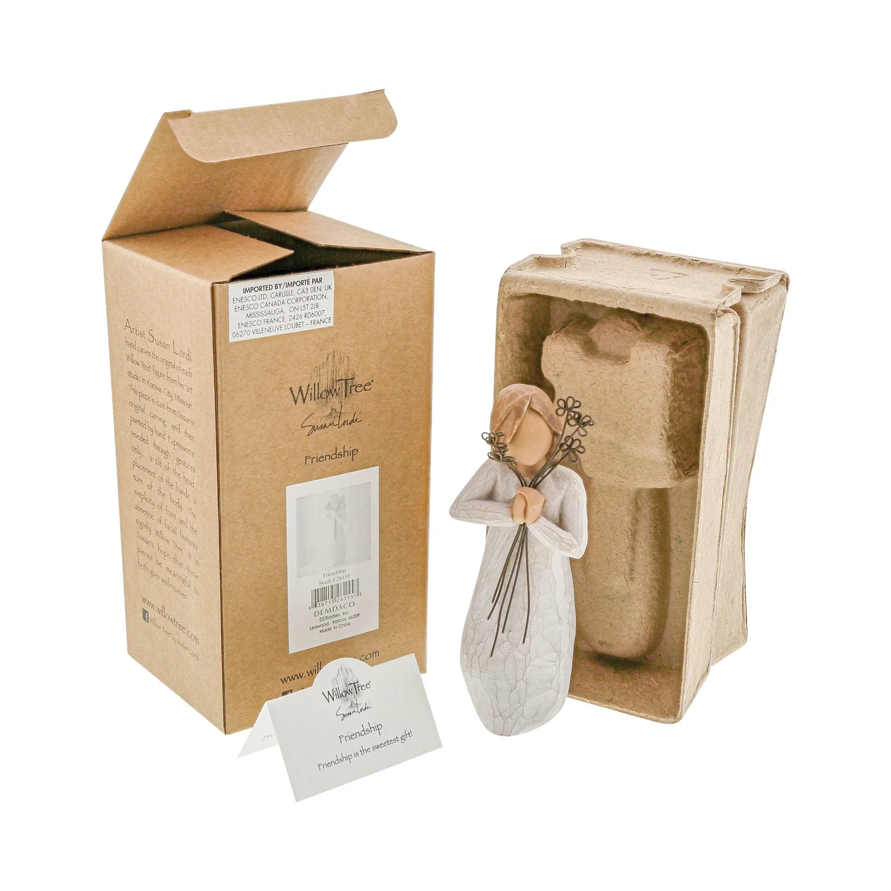 Willow Tree friendship figurine with presentation packaging beside in a white background