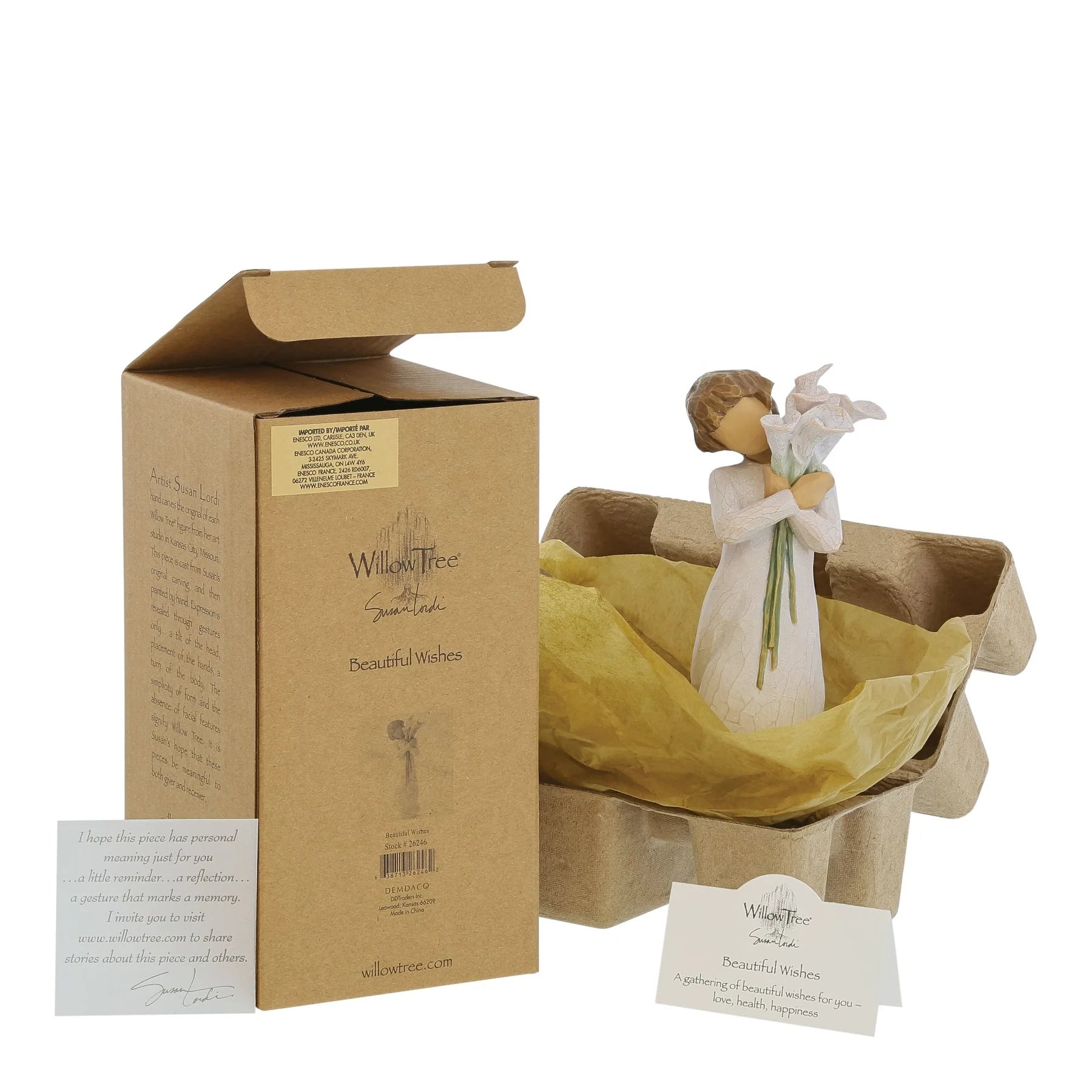 Willow Tree beautiful wishes figurine in open presentation box, with packaging and card on a white background.
